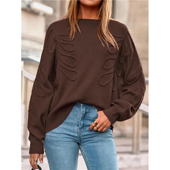 ✨ Women’s Oversized Ribbed Knit Sweater | Crewneck Leaf Stitch Pullover ✨ - Picture 2 of 5